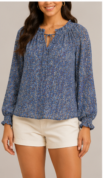Blusa Azul Estampada con Escote de Lazo