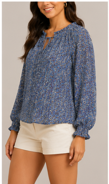 Blusa Azul Estampada con Escote de Lazo