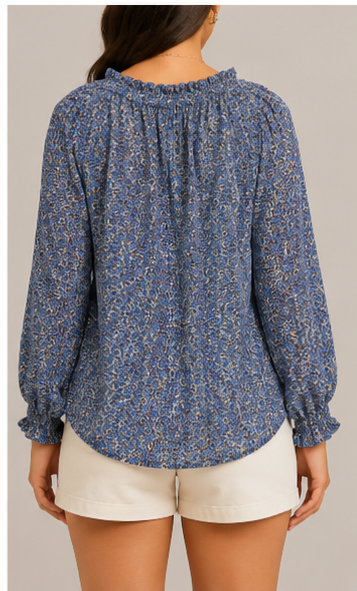 Blusa Azul Estampada con Escote de Lazo