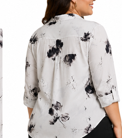 Blusa Camisera Estampada Floral – Blanco y Negro