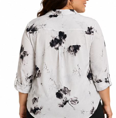 Blusa Camisera Estampada Floral – Blanco y Negro
