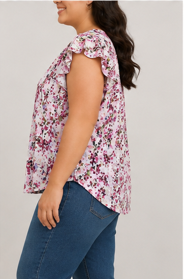 Blusa Floral con Olanes en las Mangas
