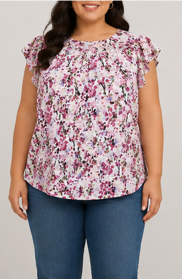 Blusa Floral con Olanes en las Mangas