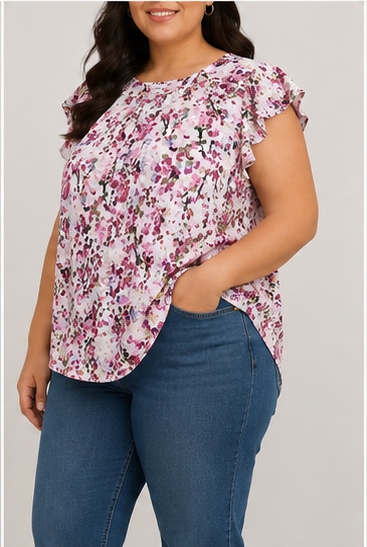 Blusa Floral con Olanes en las Mangas
