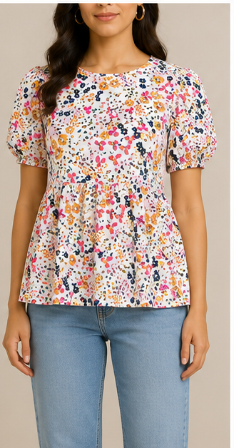 Blusa Floral de Manga Corta con Corte Peplum