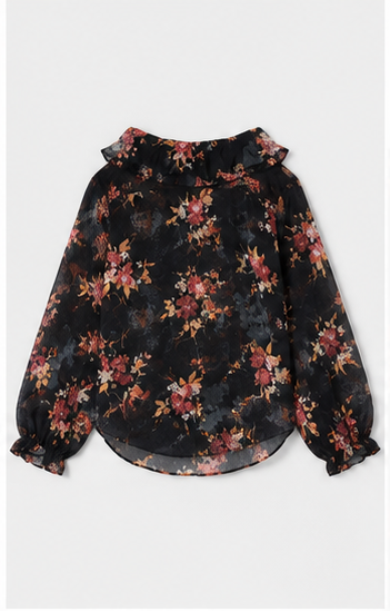 Blusa Floral de Manga Larga con Escote de Volantes