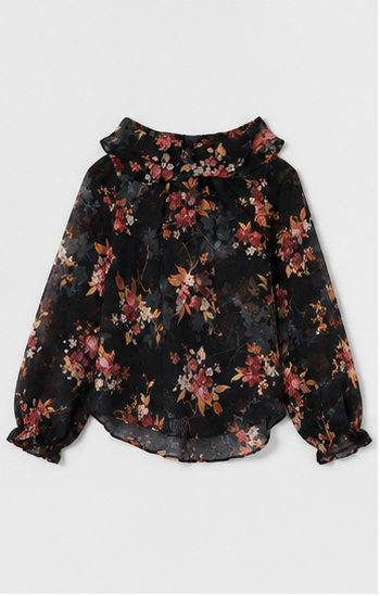 Blusa Floral de Manga Larga con Escote de Volantes