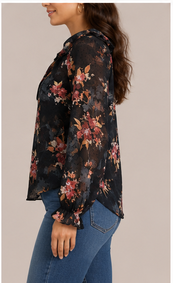 Blusa Floral de Manga Larga con Escote de Volantes