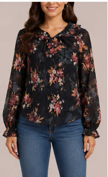 Blusa Floral de Manga Larga con Escote de Volantes