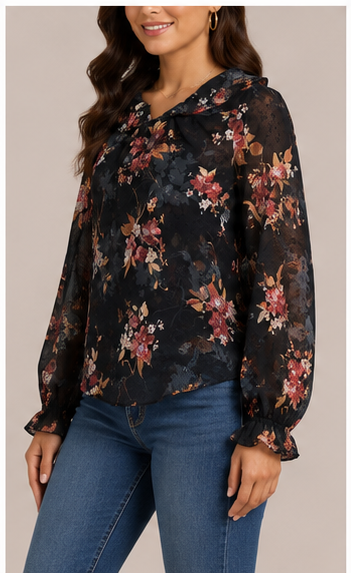 Blusa Floral de Manga Larga con Escote de Volantes