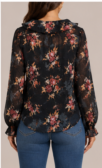 Blusa Floral de Manga Larga con Escote de Volantes