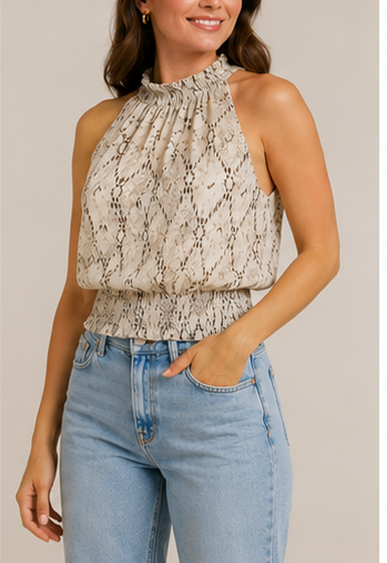 Blusa Halter Beige con Estampado Animal