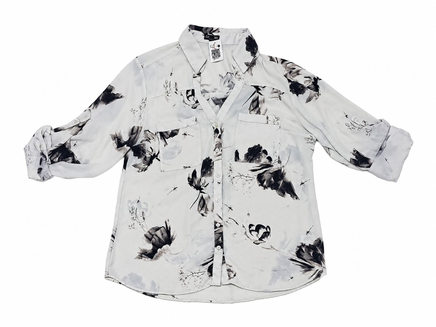 Blusa Camisera Estampada Floral – Blanco y Negro