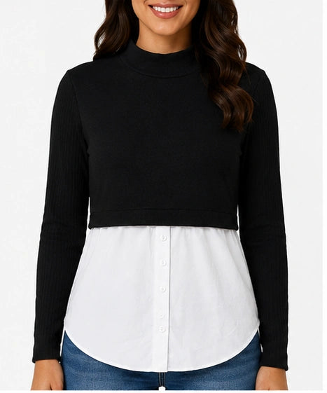 Blusa de diseño combinado con cuello alto – Negro y blanco