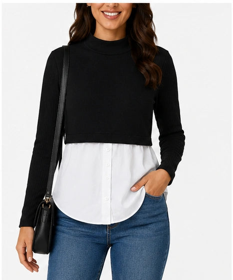 Blusa de diseño combinado con cuello alto – Negro y blanco