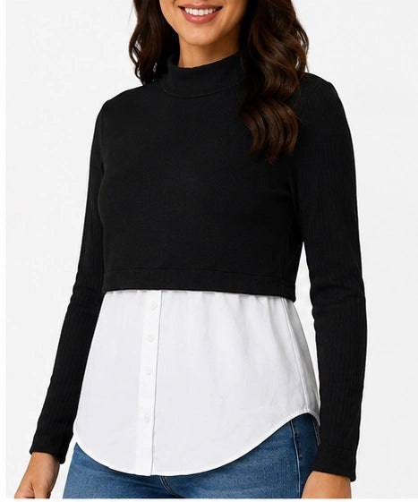 Blusa de diseño combinado con cuello alto – Negro y blanco
