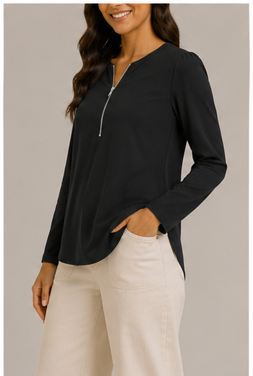 Blusa de Manga Larga con Escote en V y Cierre Frontal