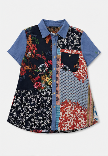 Blusa Camisera Patchwork Floral de Manga Corta