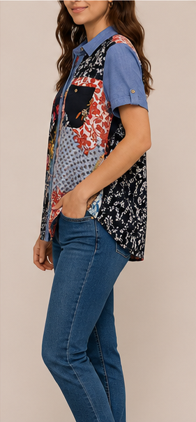 Blusa Camisera Patchwork Floral de Manga Corta