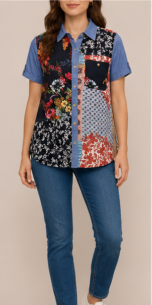 Blusa Camisera Patchwork Floral de Manga Corta