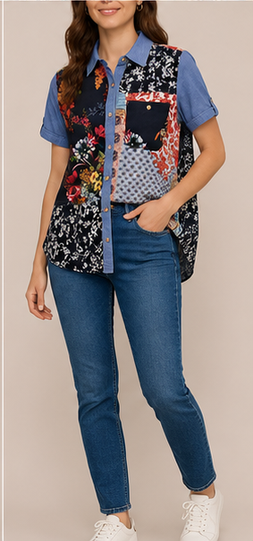 Blusa Camisera Patchwork Floral de Manga Corta