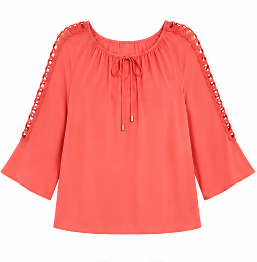 Blusa de Manga 3/4 con Detalle Calado – Coral