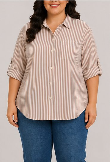 Blusa de Rayas Verticales con Manga Ajustable para Mujer