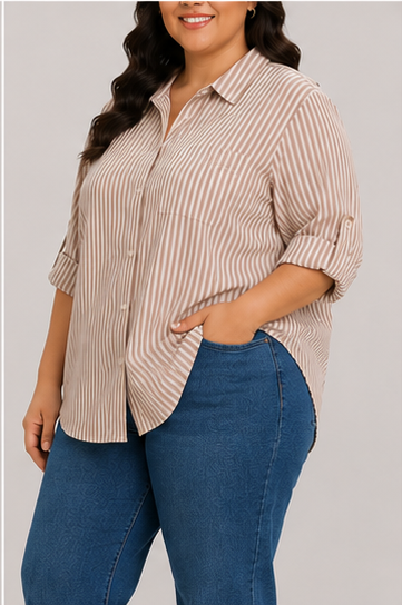 Blusa de Rayas Verticales con Manga Ajustable para Mujer