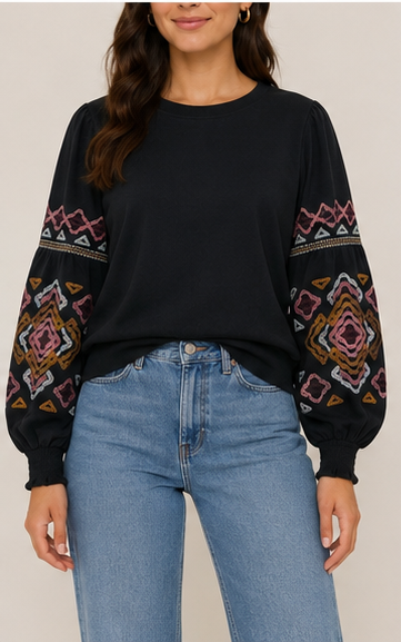 Blusa de Manga Larga con Bordado Étnico