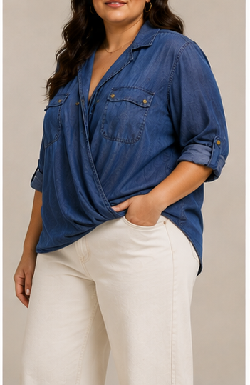 Blusa Tipo Denim Cruzada de Manga Larga