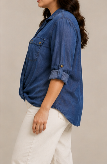 Blusa Tipo Denim Cruzada de Manga Larga