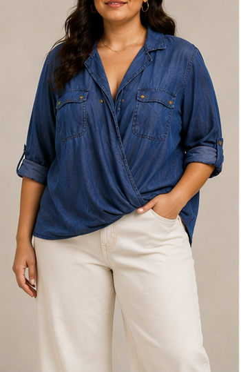 Blusa Tipo Denim Cruzada de Manga Larga