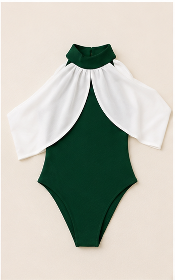 Bodysuit Verde Esmeralda con Capa Blanca