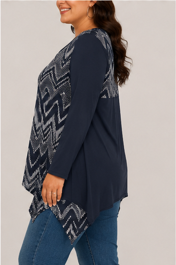 Blusa Asimétrica Estampada de Manga Larga