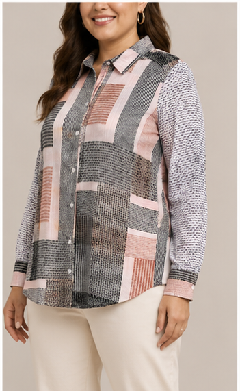 Blusa Estampada de Manga Larga con Cuello Clásico