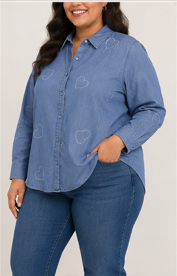 Camisa de Mezclilla Ligera con Bordado de Corazones