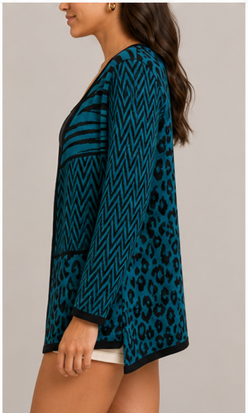 Cardigan Abierto con Diseño Geométrico y Animal Print
