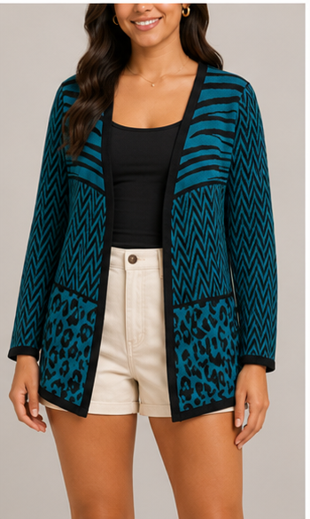 Cardigan Abierto con Diseño Geométrico y Animal Print