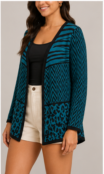 Cardigan Abierto con Diseño Geométrico y Animal Print