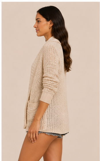 Suéter Cárdigan Tejido Beige con Bolsillos
