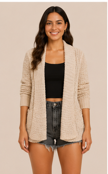 Suéter Cárdigan Tejido Beige con Bolsillos