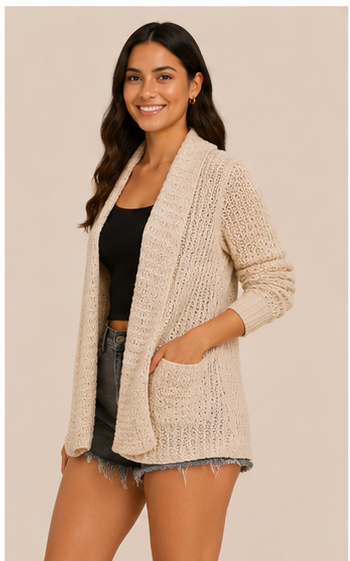 Suéter Cárdigan Tejido Beige con Bolsillos
