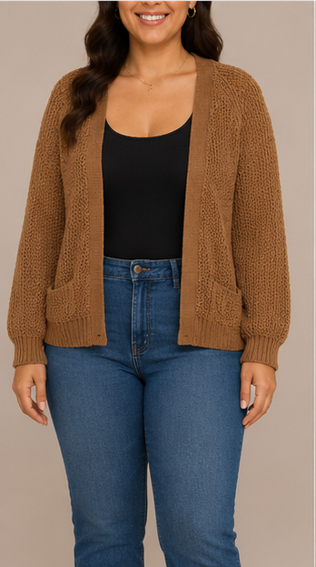 Cardigan Tejido Abierto con Bolsillos Color Camel