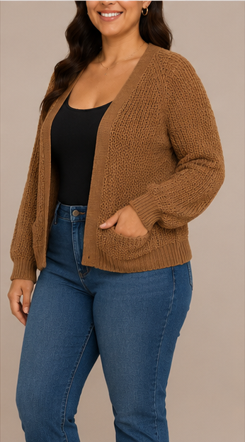 Cardigan Tejido Abierto con Bolsillos Color Camel