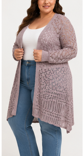 Cardigan Largo Calado Rosa Malva