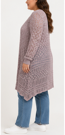 Cardigan Largo Calado Rosa Malva