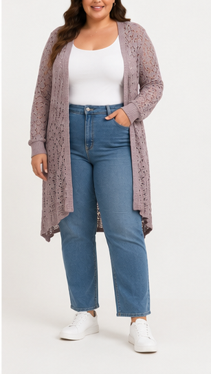 Cardigan Largo Calado Rosa Malva