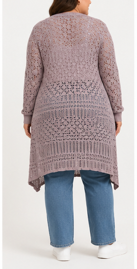 Cardigan Largo Calado Rosa Malva