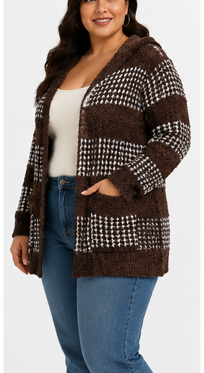 Cardigan Marrón con Capucha y Diseño Geométrico