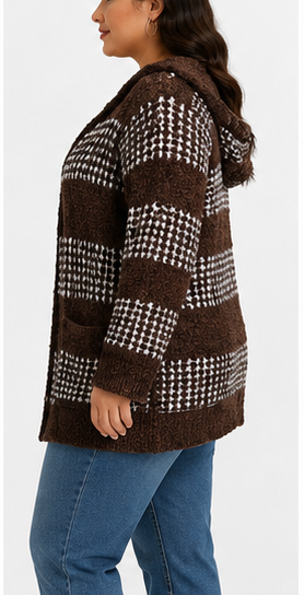 Cardigan Marrón con Capucha y Diseño Geométrico